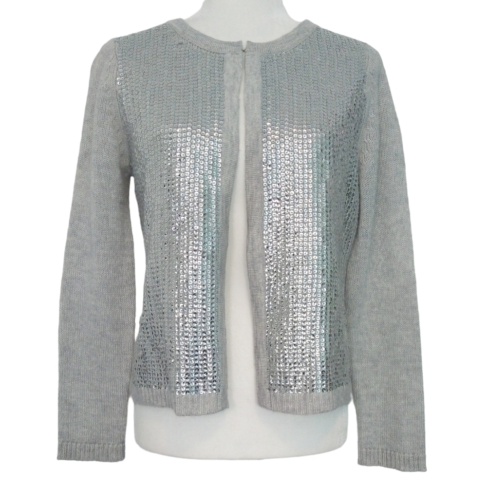 Chico's Wool Blend Sequin Cardigan Gray Silver Shimmer Sparkle Modern Party